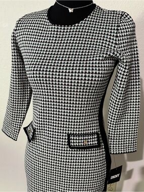 DKNY Black and White Houndstooth Long Sleeve Sheath Dress